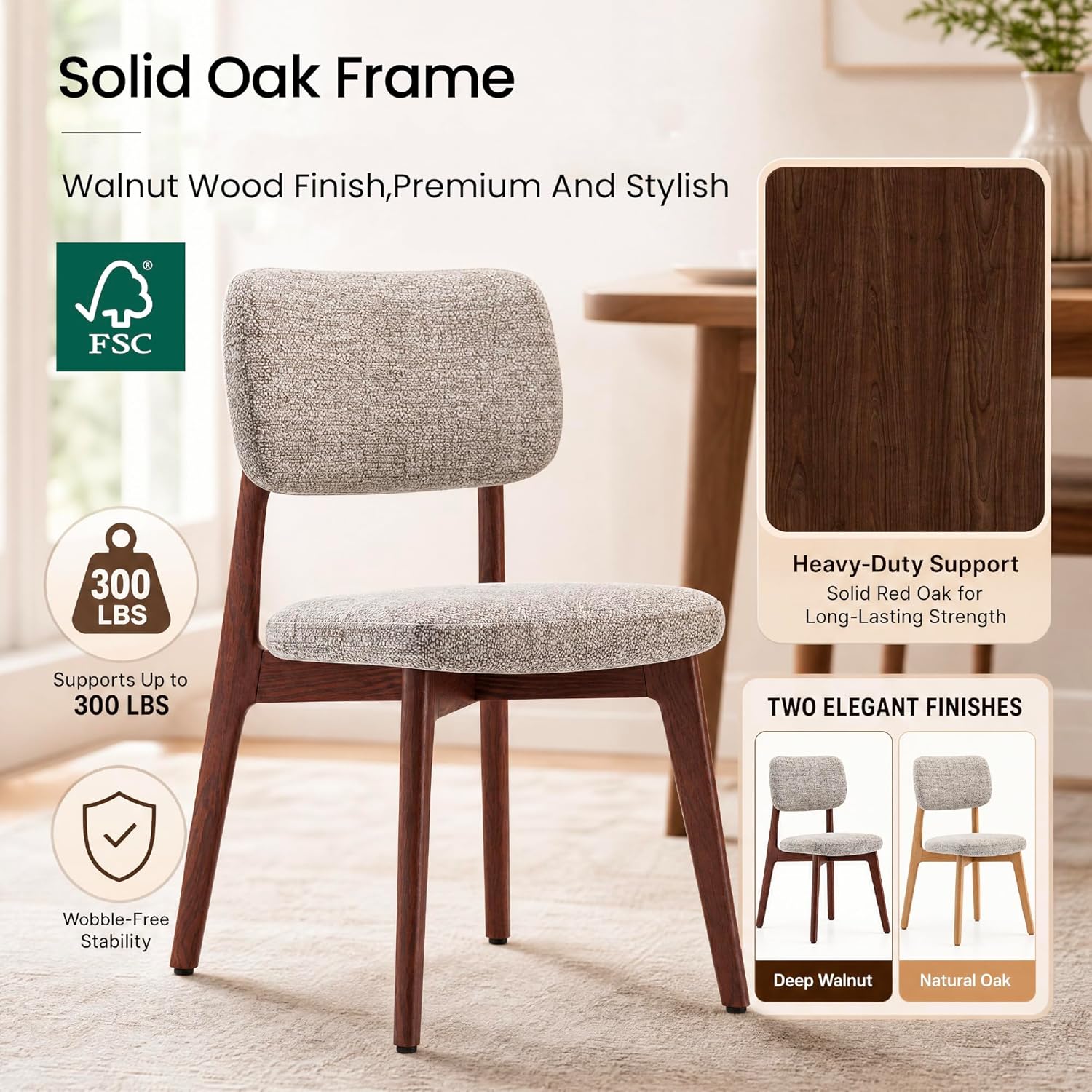 COLAMY Dining Chairs Set of 2, Mid Century Modern Upholstered Kitchen Chairs with Solid Red Oak Wood Legs, Textured Fabric Dining Room Accent Chairs for Small Spaces, 300 lbs Capacity,Walnut,Oatmeal