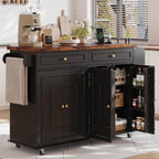 58 Inch Kitchen Island with Storage Cabinet, Island Table for Kitchen, Rolling Islands Cart with Power Outlet, Adjustable Shelves, Drawers, Spice and Towel & Knife Racks, Black