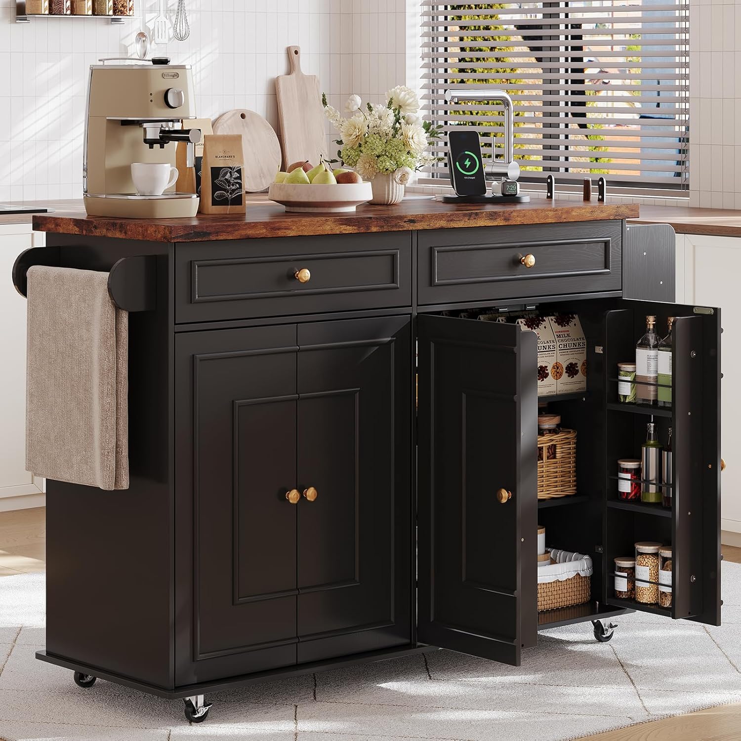 58 Inch Kitchen Island with Storage Cabinet, Island Table for Kitchen, Rolling Islands Cart with Power Outlet, Adjustable Shelves, Drawers, Spice and Towel & Knife Racks, Black