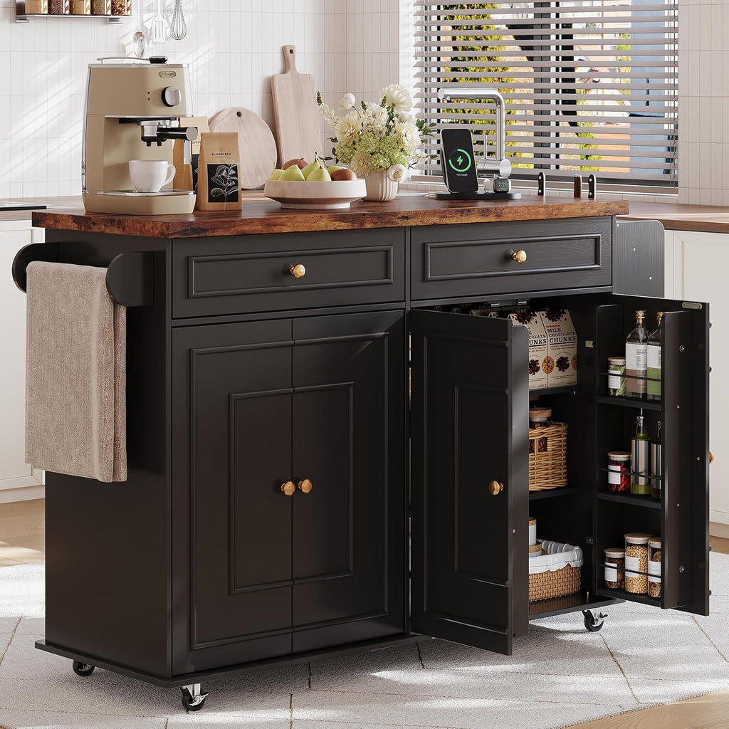 58 Inch Kitchen Island with Storage Cabinet, Island Table for Kitchen, Rolling Islands Cart with Power Outlet, Adjustable Shelves, Drawers, Spice and Towel & Knife Racks, Black