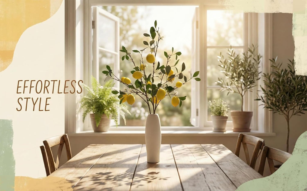 Artificial Lemon Branches Set of 3 – 37" Faux Lemons with Stem for Kitchen Decor Farmhouse Flower Arrangement Table Centerpiece Vase Filler Home Office Party Decoration