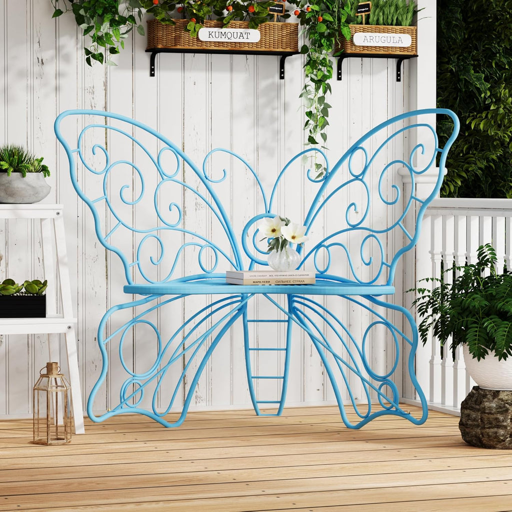 49 Inch Outdoor Bench, Blue Garden Bench with Metal Frame, Weatherproof Butterfly Front Porch Benches for Lawn, Garden, Yard, Balcony