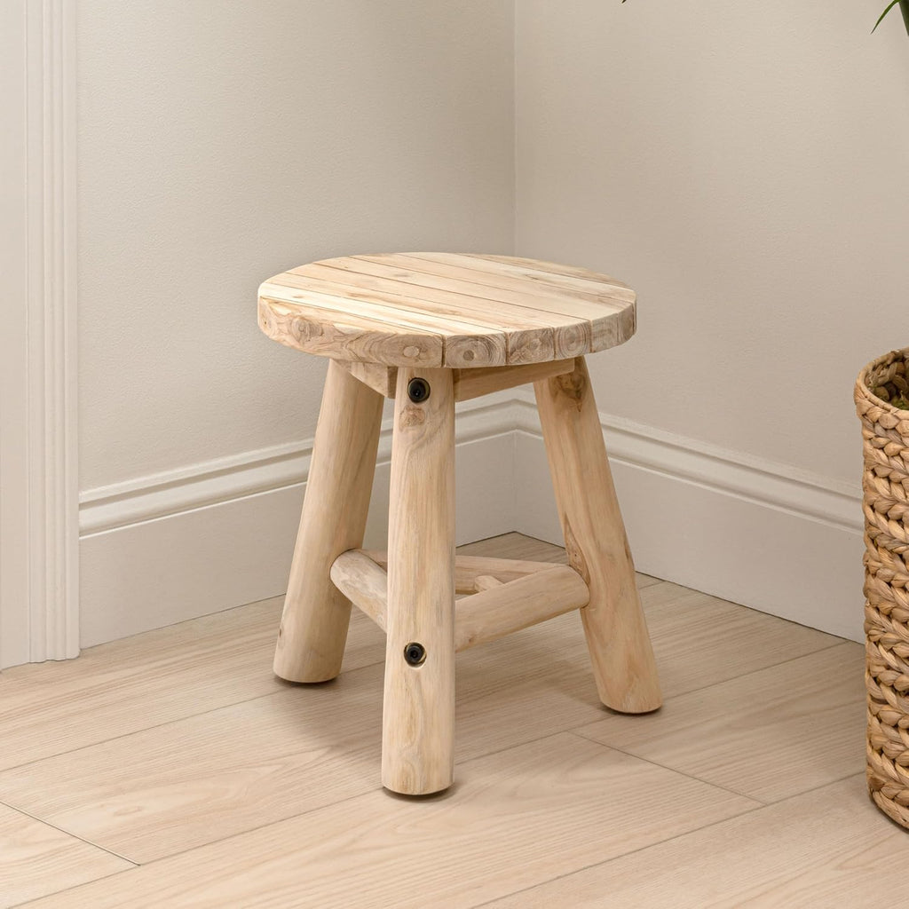 JONATHAN Y Finesse Handcrafted Solid Teak Wood Accent Stool, 14" Rustic Round Backless Step Stool for Living Room, Natural Bleach Finish Side Table, Holds up to 275 lbs STL3008A