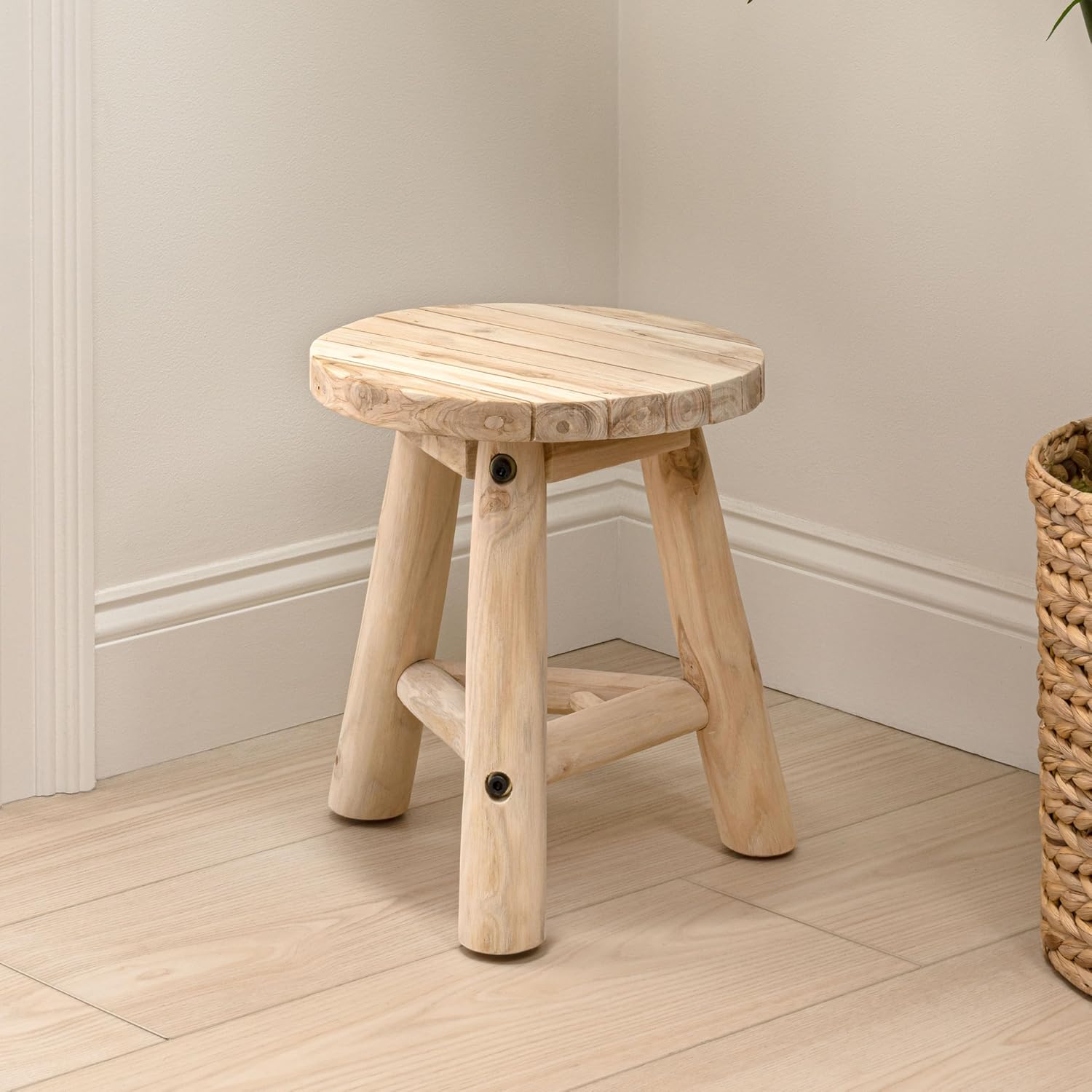 JONATHAN Y Finesse Handcrafted Solid Teak Wood Accent Stool, 14" Rustic Round Backless Step Stool for Living Room, Natural Bleach Finish Side Table, Holds up to 275 lbs STL3008A