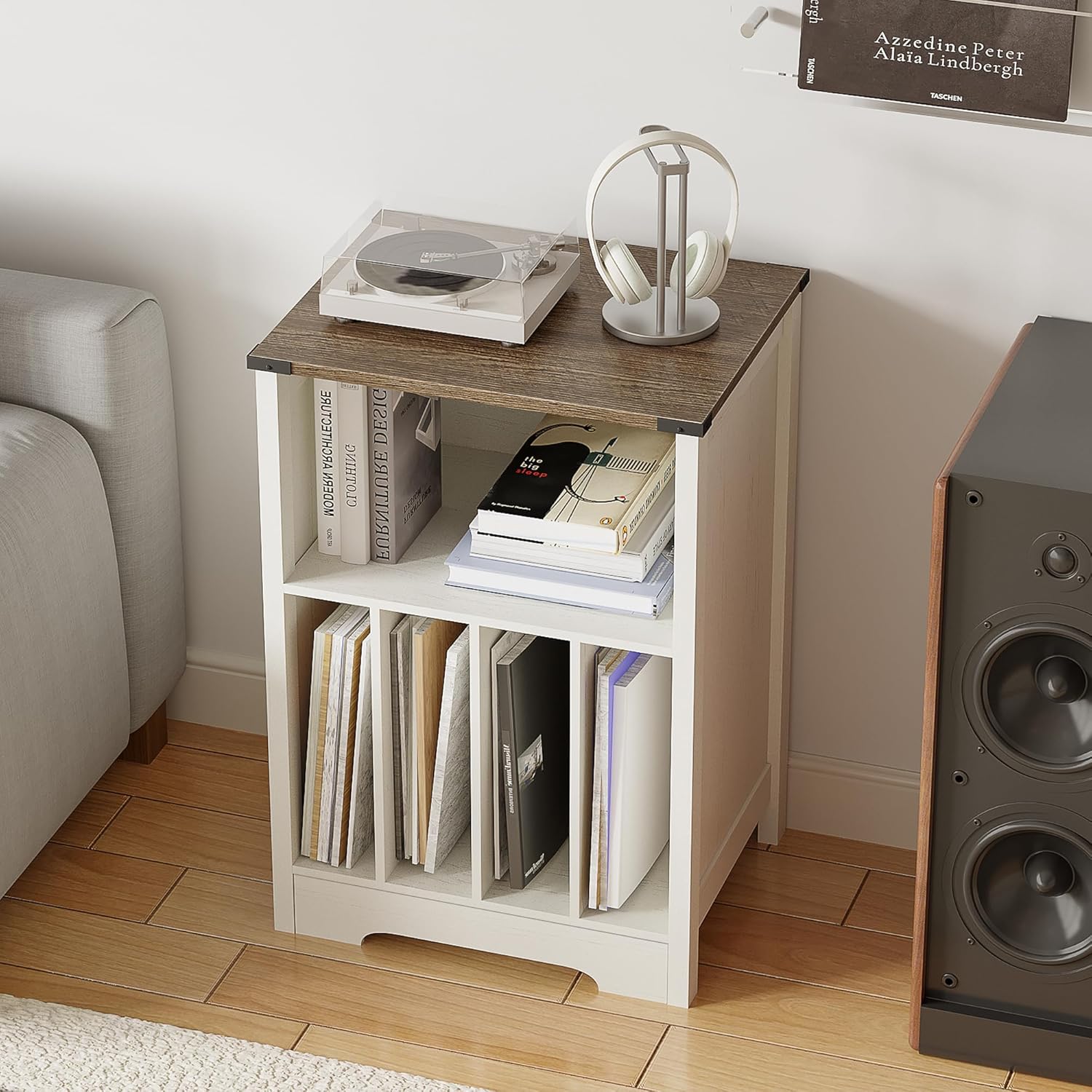 ChooChoo Record Player Stand, Vinyl Record Storage Cabinet, Turntable Stand Holds up to 160 Albums, Record Player Table Display Shelf for Living Room, Bedroom, Office, Rustic White