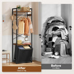 Space-Saving Coat Rack with Tilt Out Laundry Basket, Clothes Garment Rack with Shelves, X-Shaped Sturdy Structure Freestanding Hall Tree Laundry Hamper for Bedroom Laundry Room Bathroom, Brown