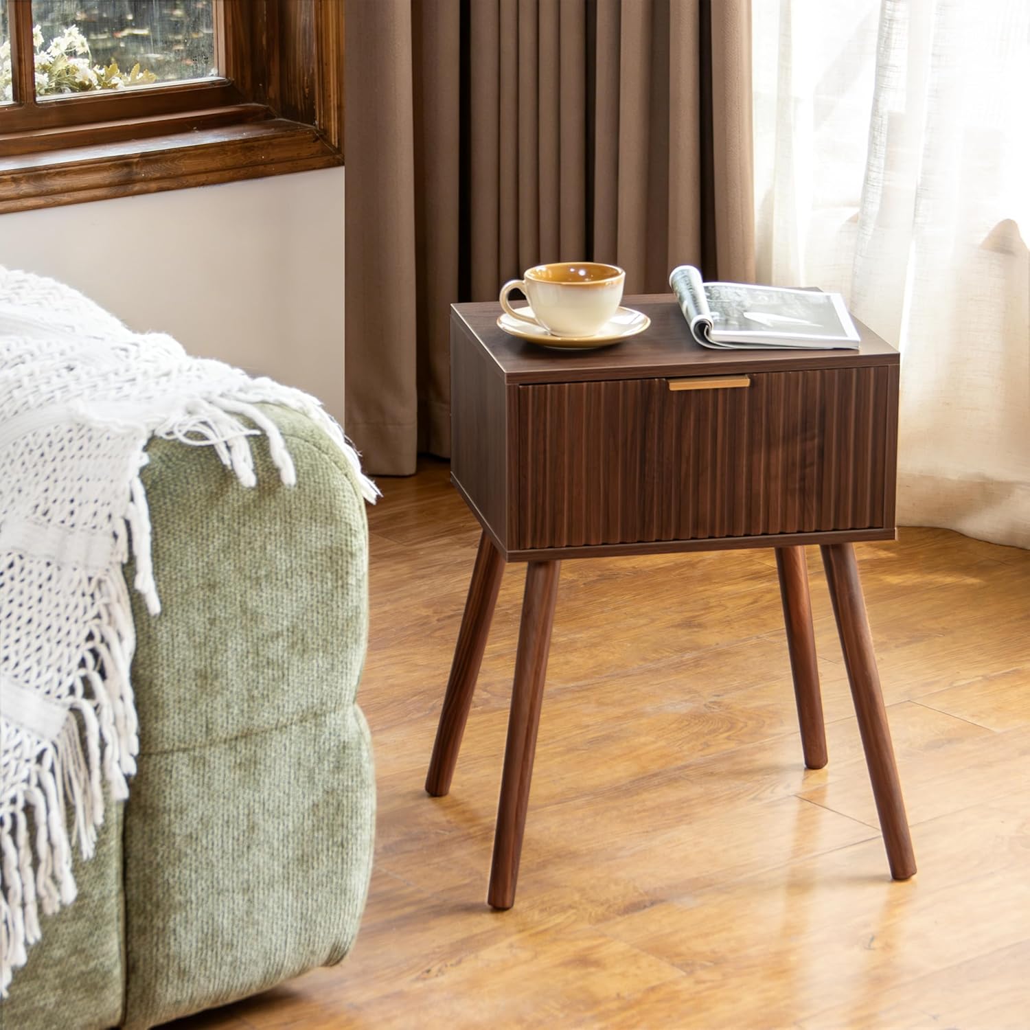 AWASEN Night Stand, Small End Tables Living Room, Mid Century Modern Nightstand Accent Bedside Table with Fluted Drawer for Bedroom and Small Space, Walnut Brown