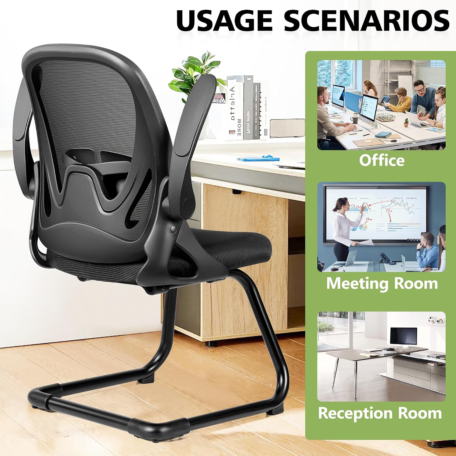 Primy Waiting Room Chairs with Flip Up Arms and Adjustable Lumbar Support, Office Guest Chairs & Reception Chairs for Conference Room, Breathable Mesh Black Desk Chair No Wheels for Guest and Elderly