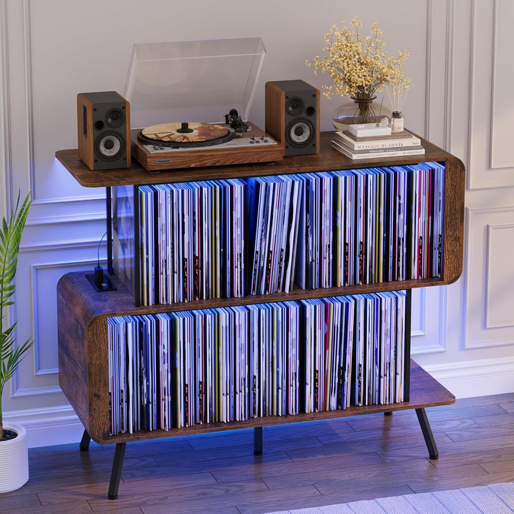 Record Player Stand with Vinyl Record Storage - 3-Tier Record Player Table with Power Outlets & LED Light, Mid-Century Modern Turntable Stand Vinyl Shelf Display Cabinet, Holds 500+ Albums, Brown
