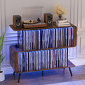 Record Player Stand with Vinyl Record Storage - 3-Tier Record Player Table with Power Outlets & LED Light, Mid-Century Modern Turntable Stand Vinyl Shelf Display Cabinet, Holds 500+ Albums, Brown