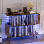 Record Player Stand with Vinyl Record Storage - 3-Tier Record Player Table with Power Outlets & LED Light, Mid-Century Modern Turntable Stand Vinyl Shelf Display Cabinet, Holds 500+ Albums, Brown
