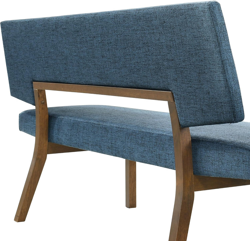 Channell Wood Dining Bench in Walnut Finish with Blue Fabric