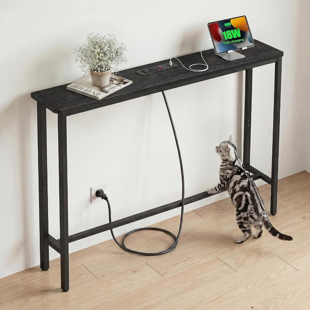 8.6" Narrow Console Table Behind Couch, 39.7” L x 32.3” H, Slim Sofa Table with Fast Charging Station for Small Spaces, Skinny Entryway & Hallway Table, Easy Assembly（Black）