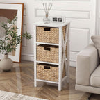 GOFLAME End Table with Wicker Drawers, Sofa Side Table with 3 Baskets, Rubber Wood X-Shaped Frame & Acacia Wood Legs, 3-Tier Wicker Nightstand Bedside for Living Room, Bedroom, White