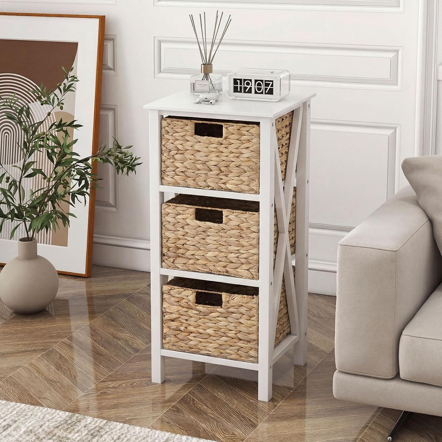 GOFLAME End Table with Wicker Drawers, Sofa Side Table with 3 Baskets, Rubber Wood X-Shaped Frame & Acacia Wood Legs, 3-Tier Wicker Nightstand Bedside for Living Room, Bedroom, White