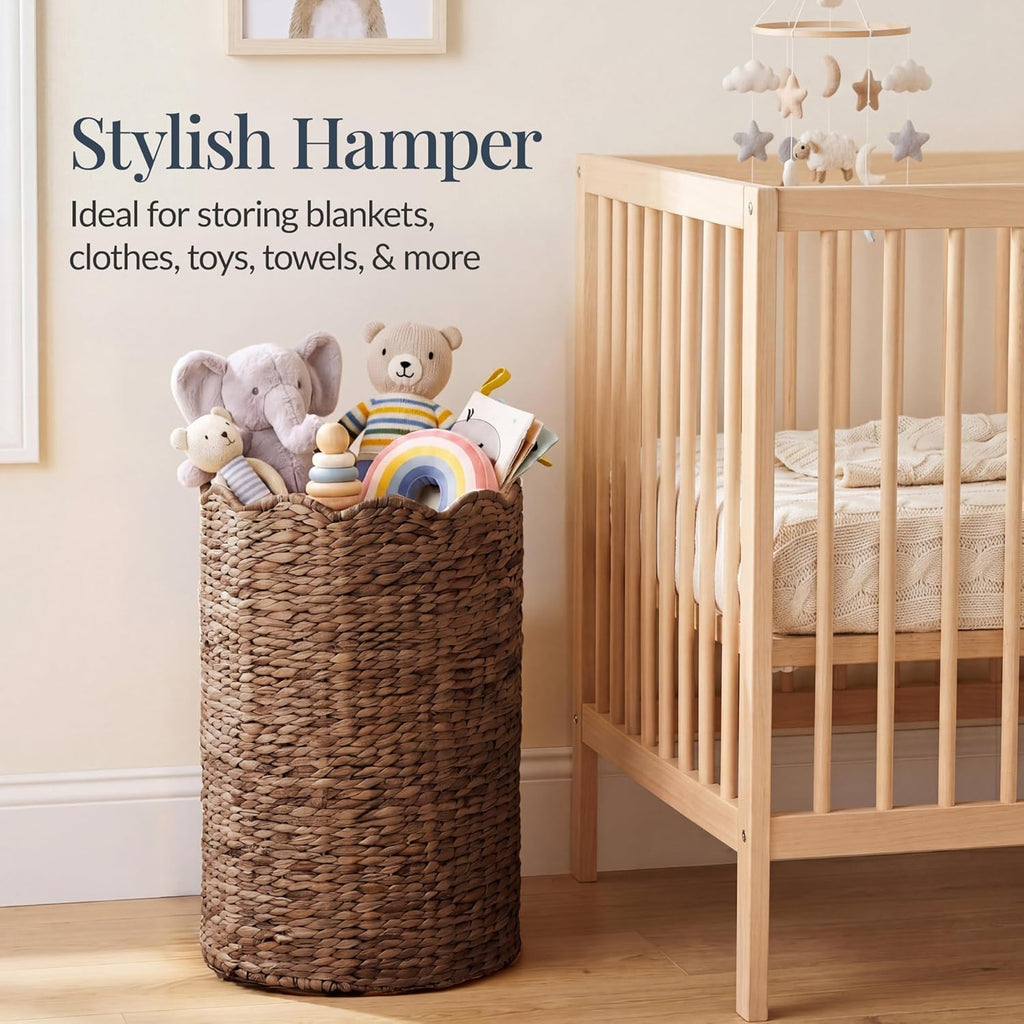 Best Choice Products Scalloped Laundry Large Round Hamper, Handwoven Laundry Basket for Clothes, Towels, Blankets, Multipurpose Storage Organizer For Laundry Room or Closet - Chestnut