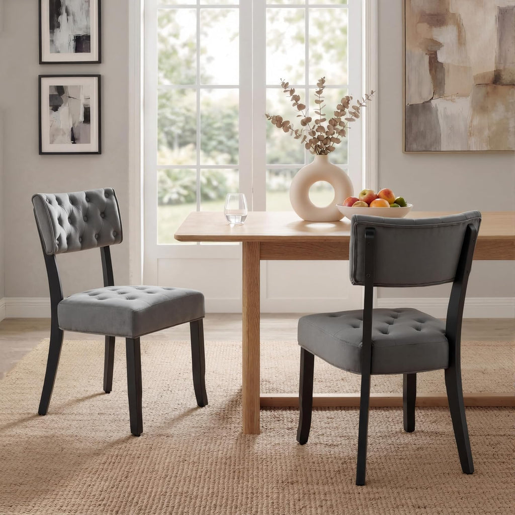 UVV Wooden Dining Chairs Set of 2, Mid Century Tufted Upholstered Kitchen Chairs Dining Room Chairs, Velvet Farmhouse Dinner Chair for Kitchen Dining Room, Dark Grey-Black Legs