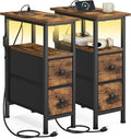 SONGMICS Side Table, Nightstand with Charging Station, End Table with LED Lighting, 2 Drawers, for Living Room, Bedroom, Set of 2, Rustic Brown, BELLAH Collection ULGS012K101