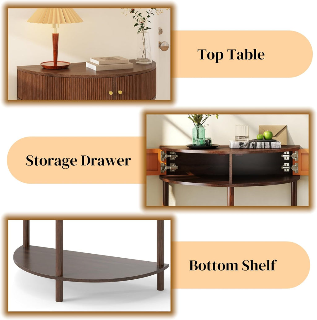 Knocbel Half Moon Console Table with Wave-Pattern Door, Semi-Circle Sofa End Table with 2 Storage Drawers and Bottom Shelf for Entryway Living Room, 31.5" W x 15.75" D x 32.3" H, Brown
