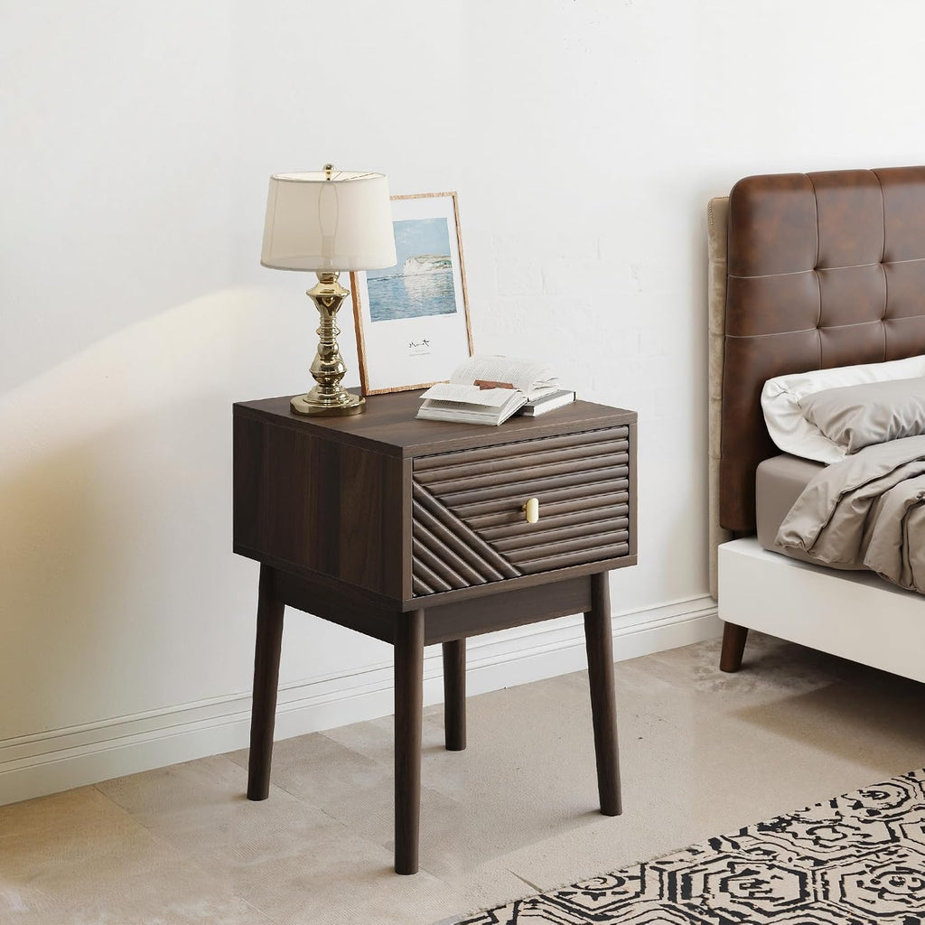 Mid Century Modern Nightstand Set of 2,Side Table with Storage Drawer,Bedside Table for Living Room Bedroom,Walnut
