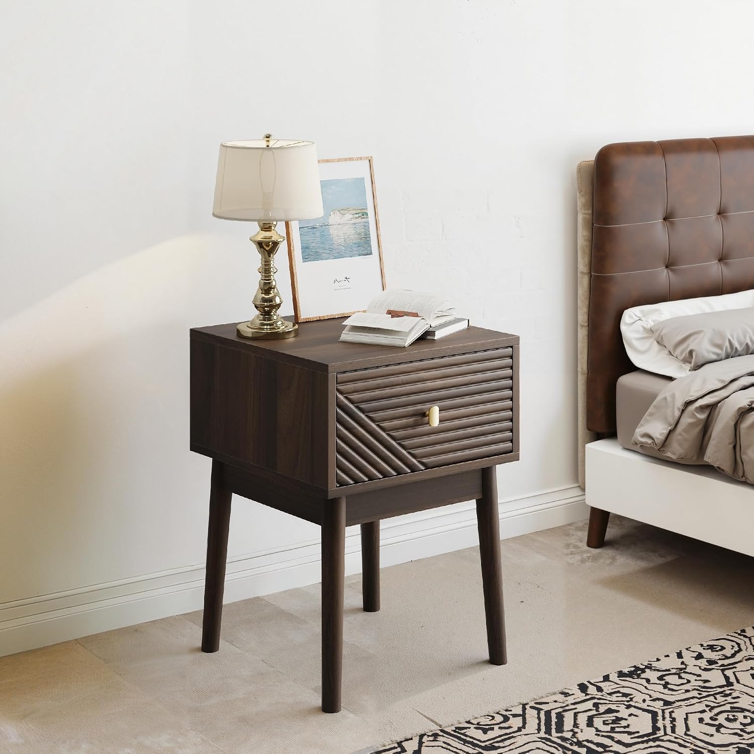 Mid Century Modern Nightstand Set of 2,Side Table with Storage Drawer,Bedside Table for Living Room Bedroom,Walnut