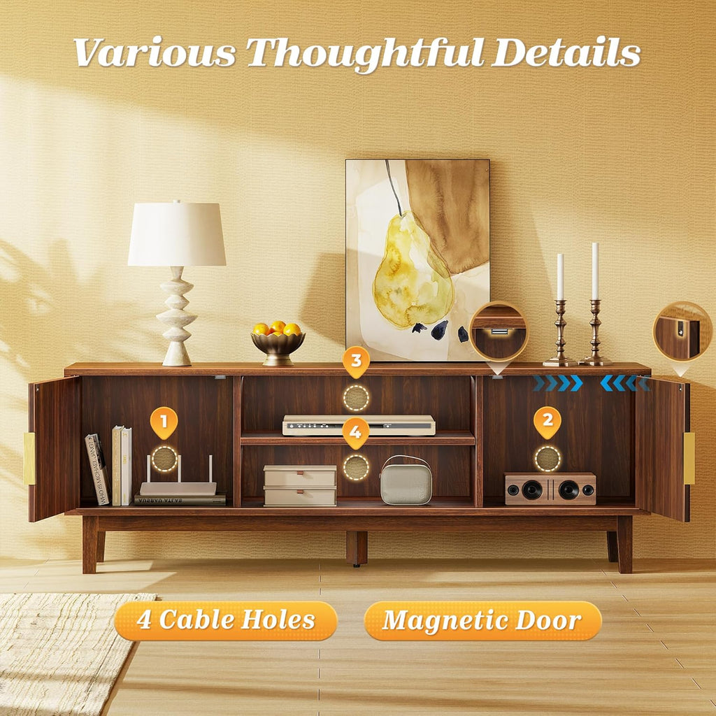 PRAISUN 54 Inch Fluted TV Stand for TVs Up to 55, 60 Inch, Mid Century Modern Entertainment Center with Storage, TV Console with Adjustable Shelves, Midea Console for Living Room Bedroom, Brown