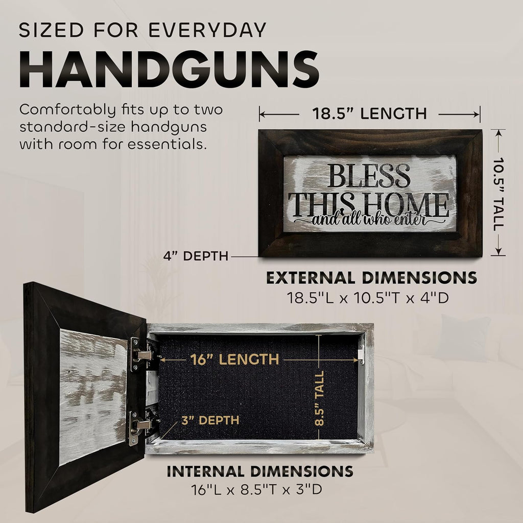 Bless This Home and All Who Enter Hidden Gun Storage Wall Decor - Hand-Painted Gun Concealment Decor - Gun Shelf Hidden Storage with Magnetic Lock for Quick Access - Made In USA by Bellewood Designs