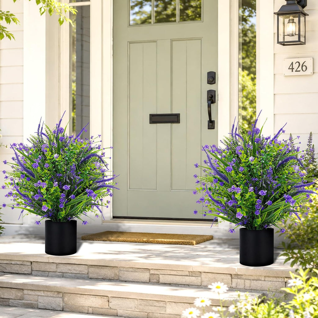 Artificial Lavender Flower Topiary Trees for Front Door UV Resistant Faux Outdoor Potted Plants, Spring Summer Greenery Fake Bushes for Front Door Farmhouse Garden Porch Outdoor Decor (Purple Flower)