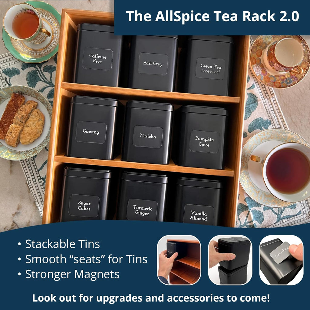 AllSpice Tea Organizer Rack with 9 Tins & 160 Magnetic Labels – Perfect for Bagged & Loose Leaf Tea Organization - Walnut