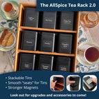 AllSpice Tea Organizer Rack with 9 Tins & 160 Magnetic Labels – Perfect for Bagged & Loose Leaf Tea Organization - Walnut
