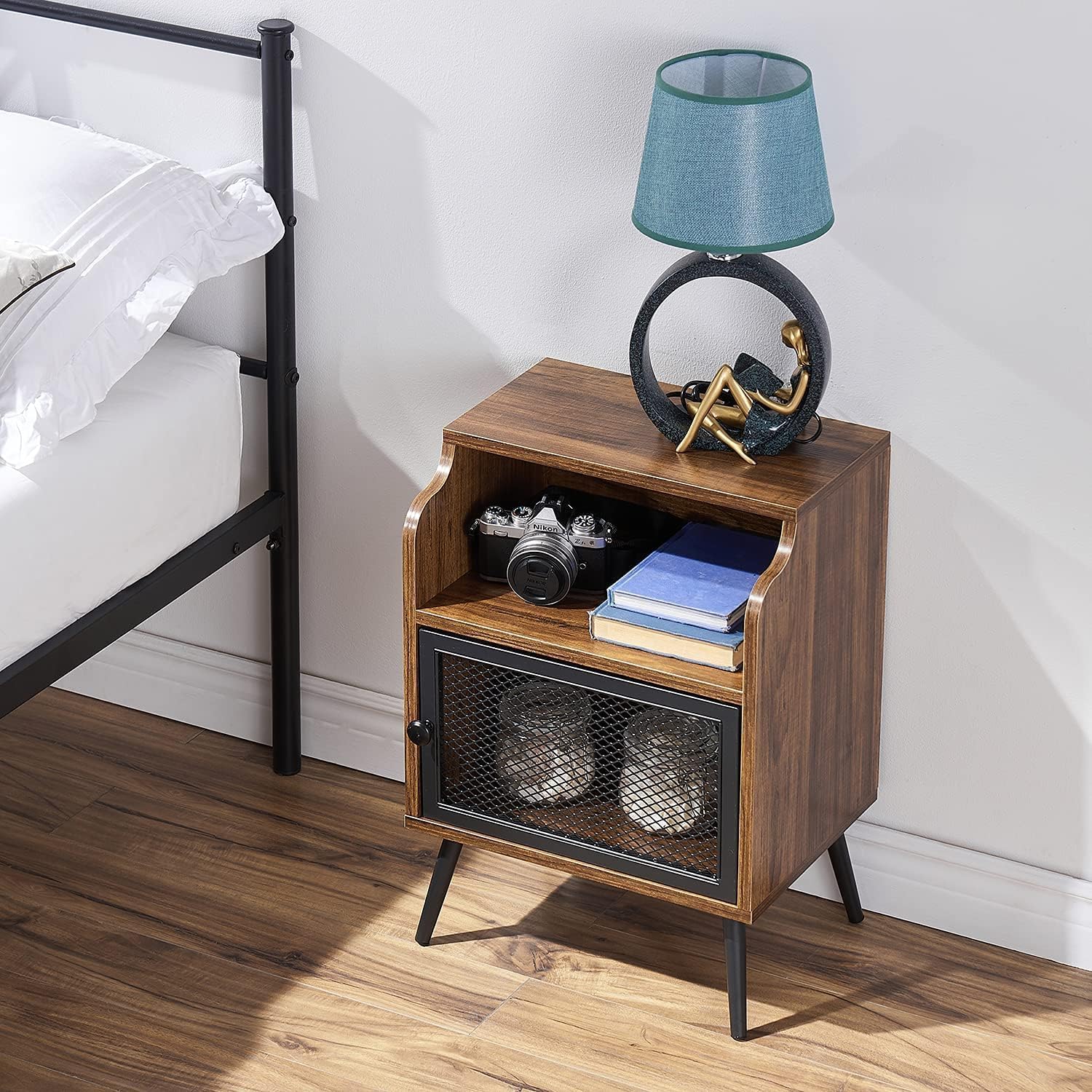 VECELO Modern Nightstand Set of 1, End Table with Storage Cabinet, Industrial Night Stand with Open Drawer Shelf for Living Room, Bedroom, Brown