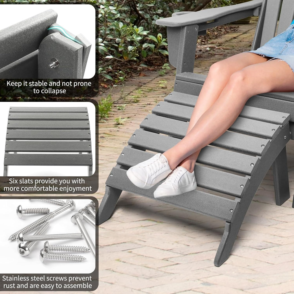 FUNBERRY Folding Adirondack Ottoman Set of 2, HDPE All Weather Outdoor Foot Rest, Easy Storage Patio Footstool, Ottomans and Footstools for Outside