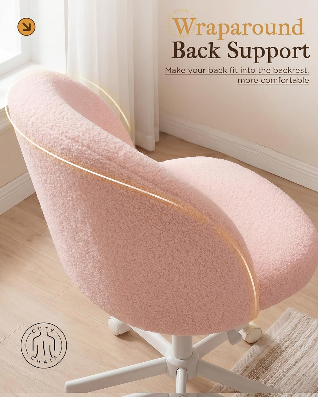 COMHOMA Vanity Chair with Wheels Velvet Tall Office Chair with Back,Armless Desk Chair Comfy Height Adjustable, Soft Lumbar Support for Girls Bedroom Home Vanity Bow Pillow for Gift Pink