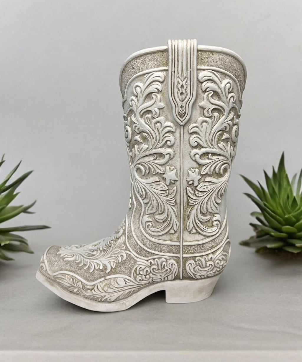 Cowgirl Boot Flower Vase – 9” Tall Antique White Finish with Intricate Tooled Leather Detailing - Decorative Western Cowboy Modern Rustic Decor
