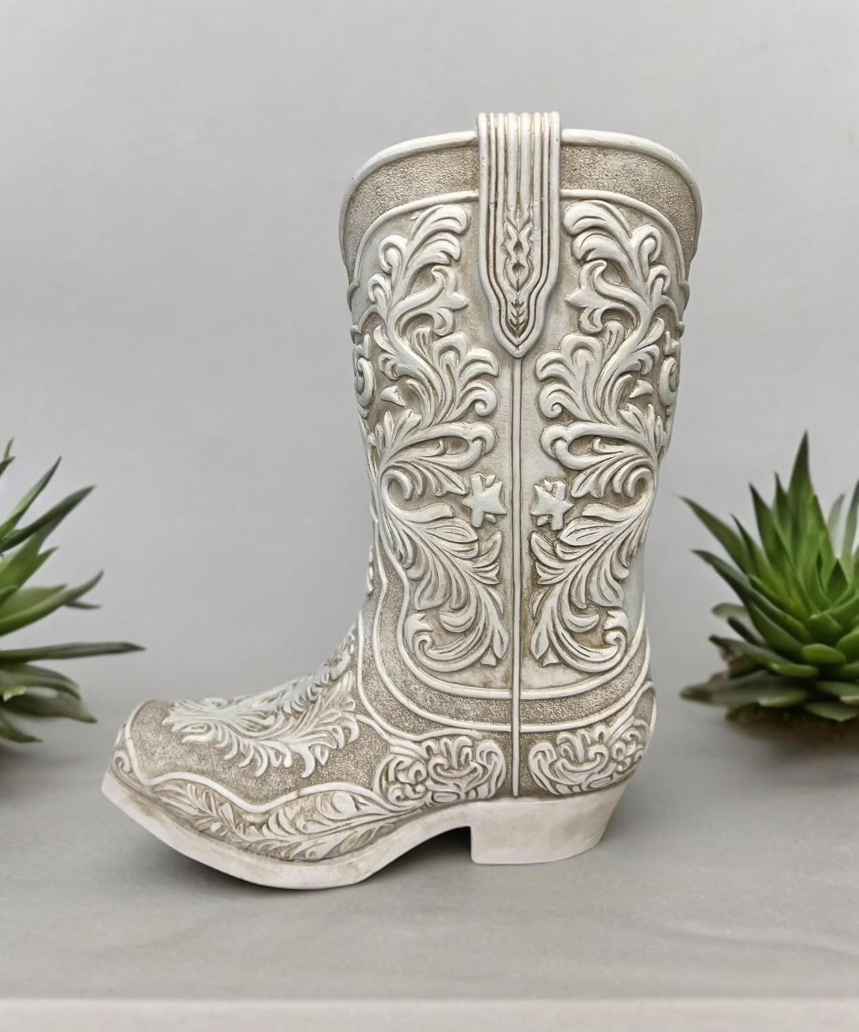 Cowgirl Boot Flower Vase – 9” Tall Antique White Finish with Intricate Tooled Leather Detailing - Decorative Western Cowboy Modern Rustic Decor