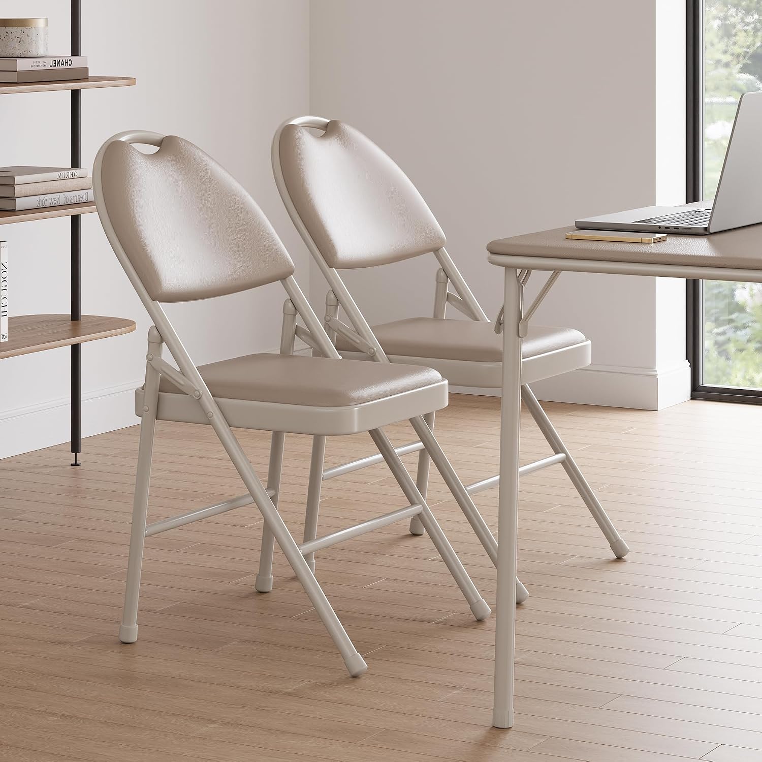 GAOMON 4 Pack Folding Card Chairs, Thickened Padded PU Cushion, Metal Legs and Non-Slip Feet Pads, Portable Stackable Commercial Seat for Events, Office, Wedding, Party, Beige