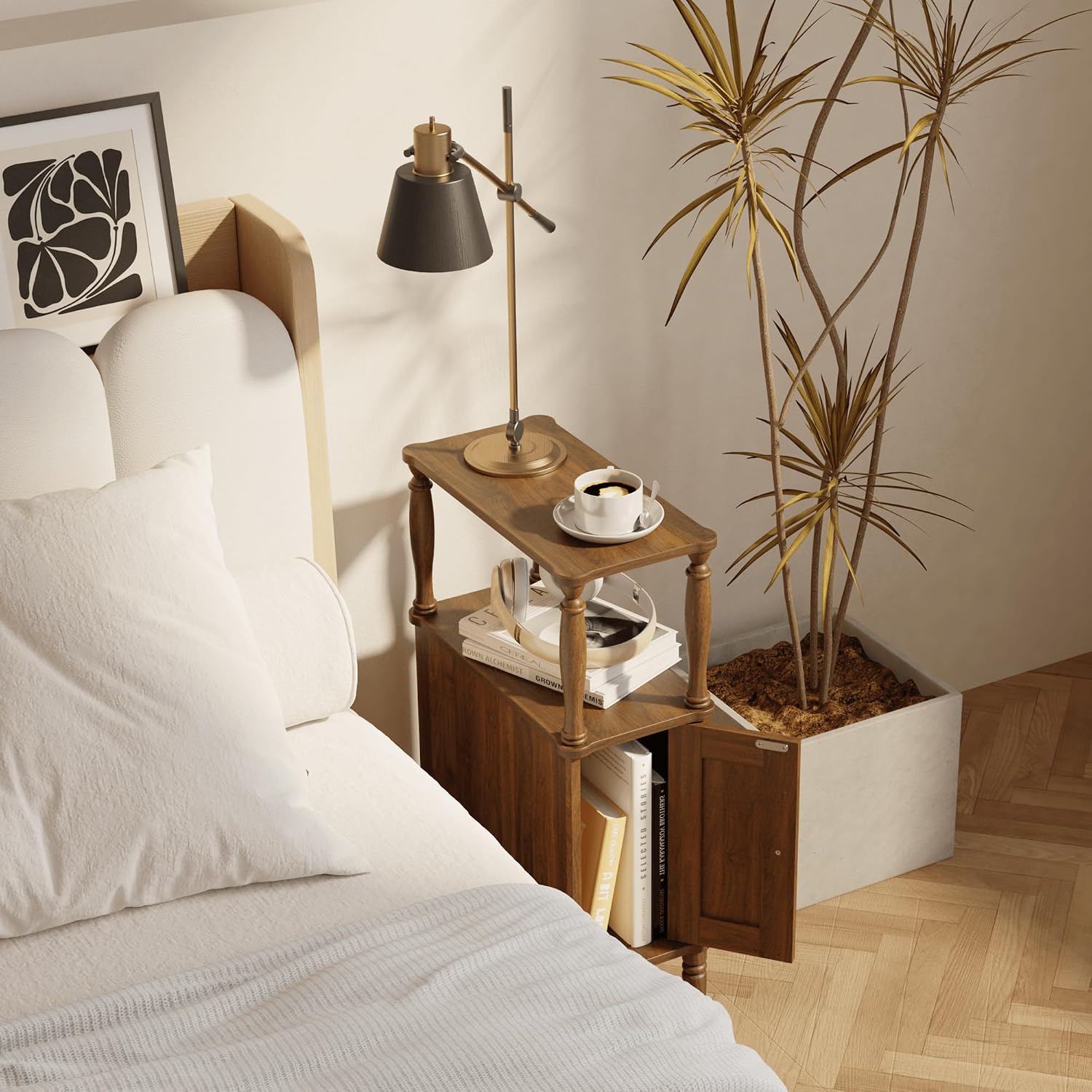 Veegle Narrow Nightstand,Mid-Century Modern Nightstand with Storage, Skinny End Side Table for Bedroom and Living Room(Walnut Brown)