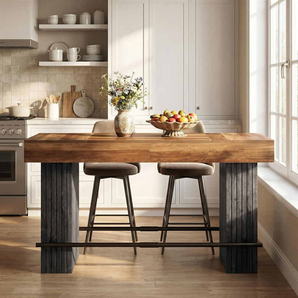 Tribesigns 63-Inch Counter Height Bar Table, Long Bar Table with Metal Footrest, Home Bistro Unit for Kitchen, Dining Room & Living Room, Rustic Brown and Black