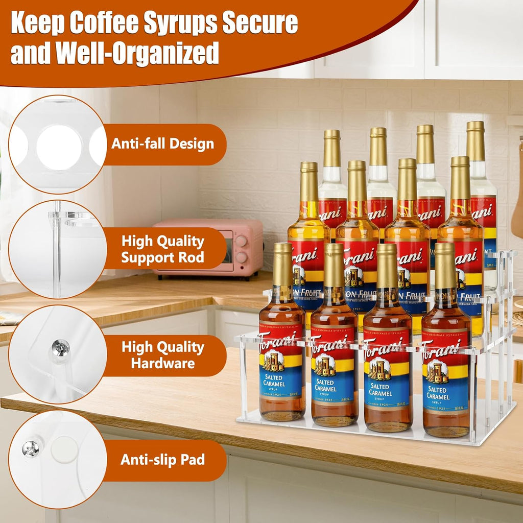 Acrylic 12 Bottle Capacity Coffee Syrup Organizer, 3-Tier Coffee Syrup Rack, Syrup Bottle Holder Stand for Coffee Bar Kitchen Countertop, Family Storage for Syrup Wine Dressing