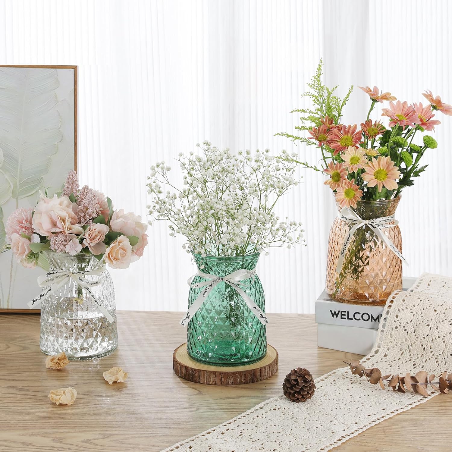 SOJOCK 2PACK Glass Flower Vases(Flowers NOT Included),6.3" High Diamond Pattern Vases,Vintage Vases for Centrepieces,Wedding Decorations,Home Table Flower Decorations