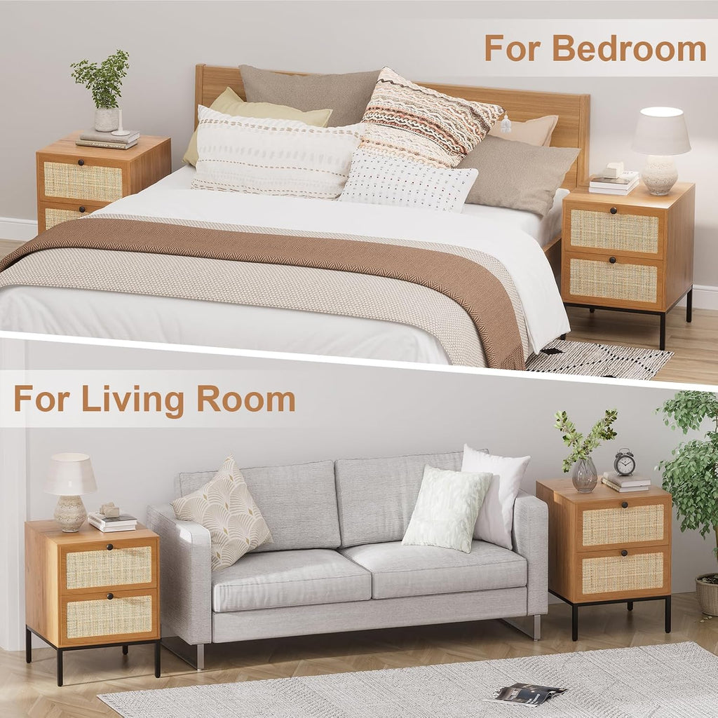 XIAO WEI Rattan Nightstand Set of 2, Boho Bedside Table with 2 Drawers | Natural Rattan End Table Side Table for Bedroom, Living Room