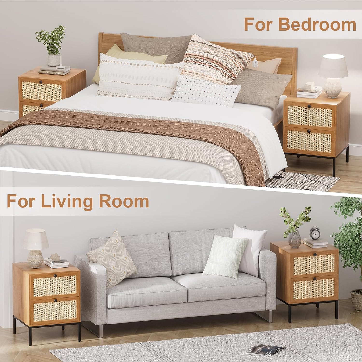 XIAO WEI Rattan Nightstand Set of 2, Boho Bedside Table with 2 Drawers | Natural Rattan End Table Side Table for Bedroom, Living Room