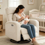 Power Swivel Rocker Recliner, Upholstered Glider Recliner Nursery Chair with Type-C & USB Port, Swivel Rocking Nursery Recliners with Double Pockets for Living Room Bedroom, Corduroy Cream White