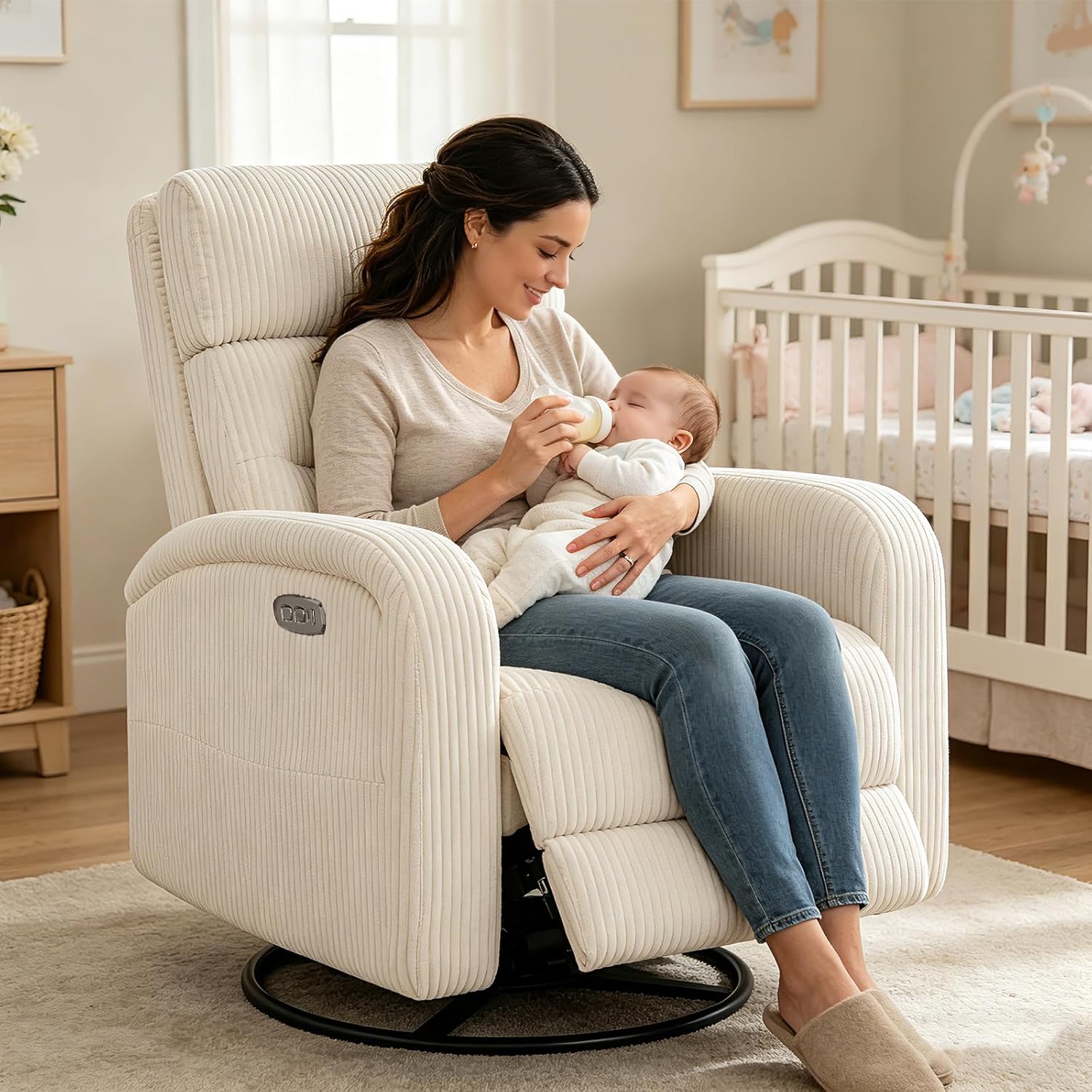 Power Swivel Rocker Recliner, Upholstered Glider Recliner Nursery Chair with Type-C & USB Port, Swivel Rocking Nursery Recliners with Double Pockets for Living Room Bedroom, Corduroy Cream White