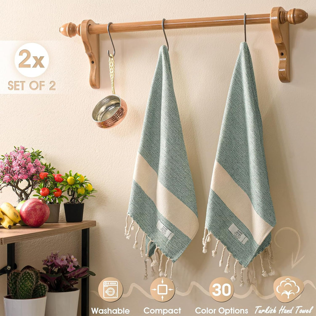 EPHESUS TOWELS Turkish Hand Towels - Set of 2 | 18" x 30" Decorative Boho Guest Bath Towel for Bathroom, Kitchen, Face, Hair, Tea, Dishcloth (Diamond, Mint)