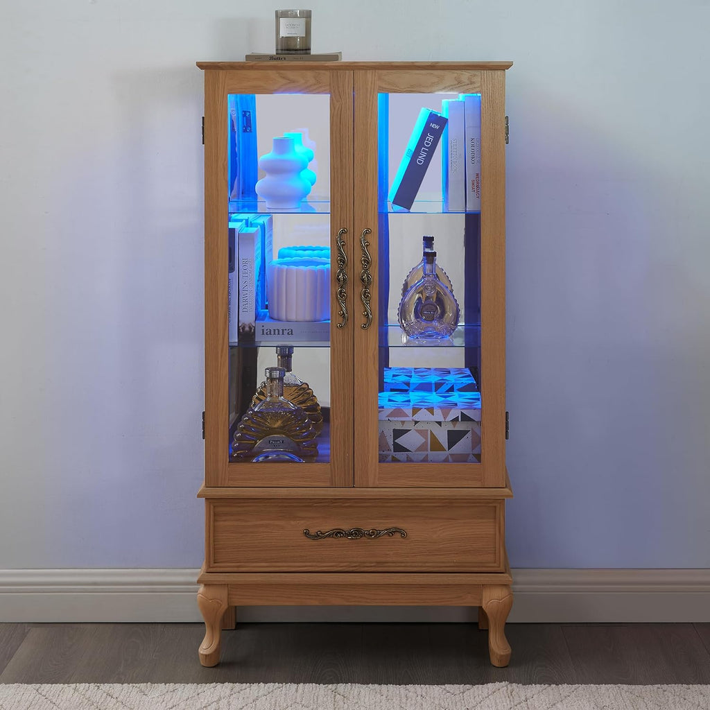Lighted Curio Cabinet, Glass Display Cabinet, Light Oak Display Cabinet with Mirrored Back, Adjustable Shelves, 2 Glass Doors, 1 Drawer, 47.44 Inch High