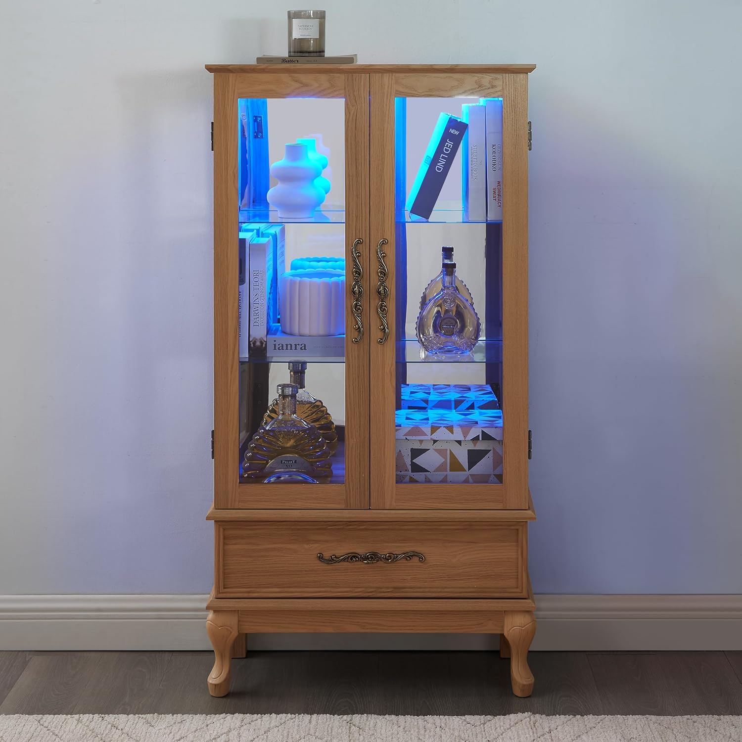 Lighted Curio Cabinet, Glass Display Cabinet, Light Oak Display Cabinet with Mirrored Back, Adjustable Shelves, 2 Glass Doors, 1 Drawer, 47.44 Inch High
