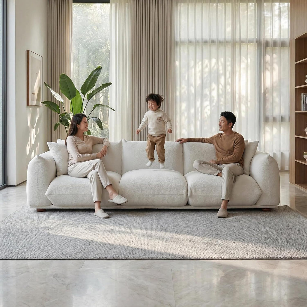 100" Boucle Sofa Couch for Living Room, Cream Cloud Couch, Mid Century Modern 3 Seater Upholstered Couch, Nordic Minimalist Comfy Sofa, Solid Wood Frame Living Room Furniture