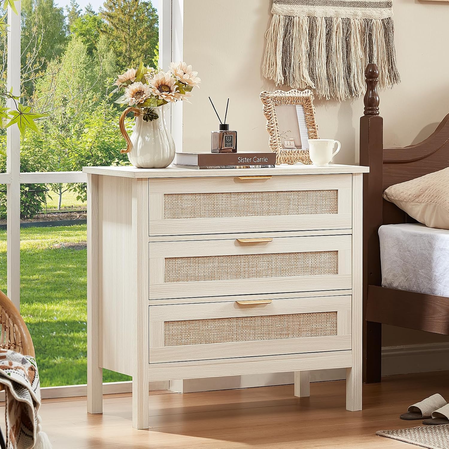 LEYAOYAO 31.5" Wide Rattan Nightstand, Large Boho 3 Drawer Night Stand | Grey White Bedside Table with Storage, Tall Bed Side End Tables for Bedroom, Living Room, Hallway