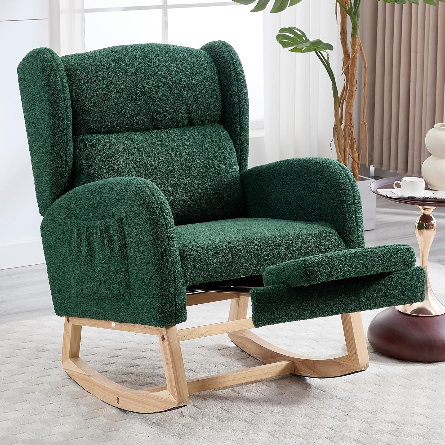 NIOIIKIT Nursery Rocking Chair with Footrest, Teddy Upholstered Glider Chair, Nursery Gliding Recliner with Side Pocket, Glider Rocker for Living Room (Green)